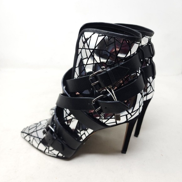Balmain Paris Womens Boots Jackie Mosaic Silver Metallic Strappy Ankle Heel 37 7 - Picture 5 of 11